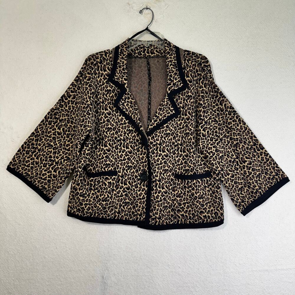 Nine West Stretch Knit Cropped Blazer Jacket Large Animal Leopard Print Medium